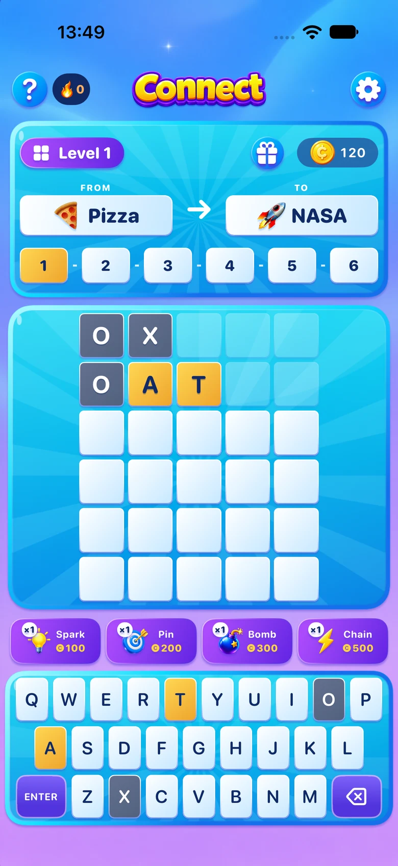 Connect on iPhone: a Pizza to NASA level, letter feedback tiles, four powers and the on-screen keyboard.